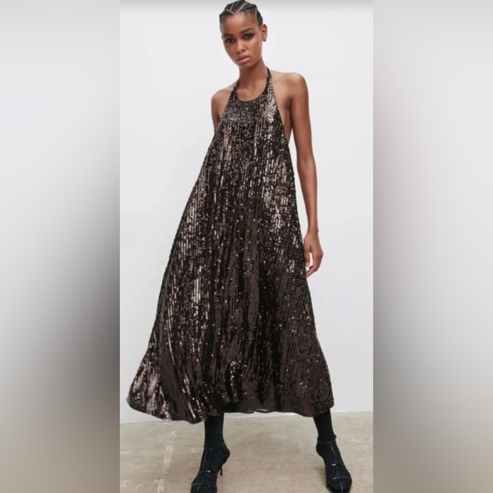 Zara Party Sequin Halter Neck Brown Dress Stunning Party Cocktails L
